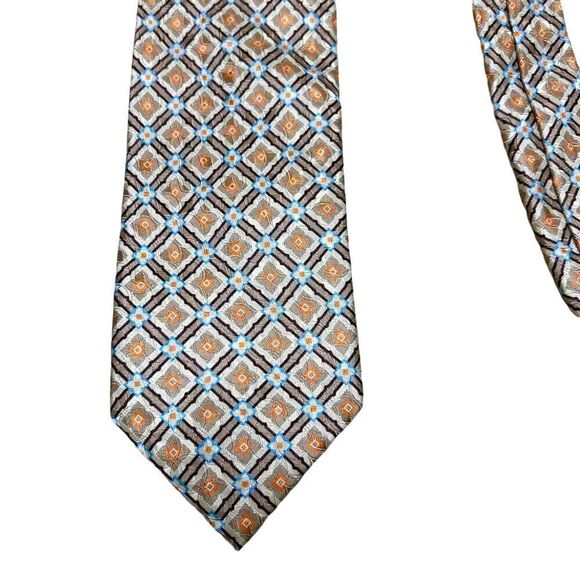 Vintage Tino Cosma Silk Tie Italy Orange Blue Tan Geometric Small Scale Print - Picture 1 of 2